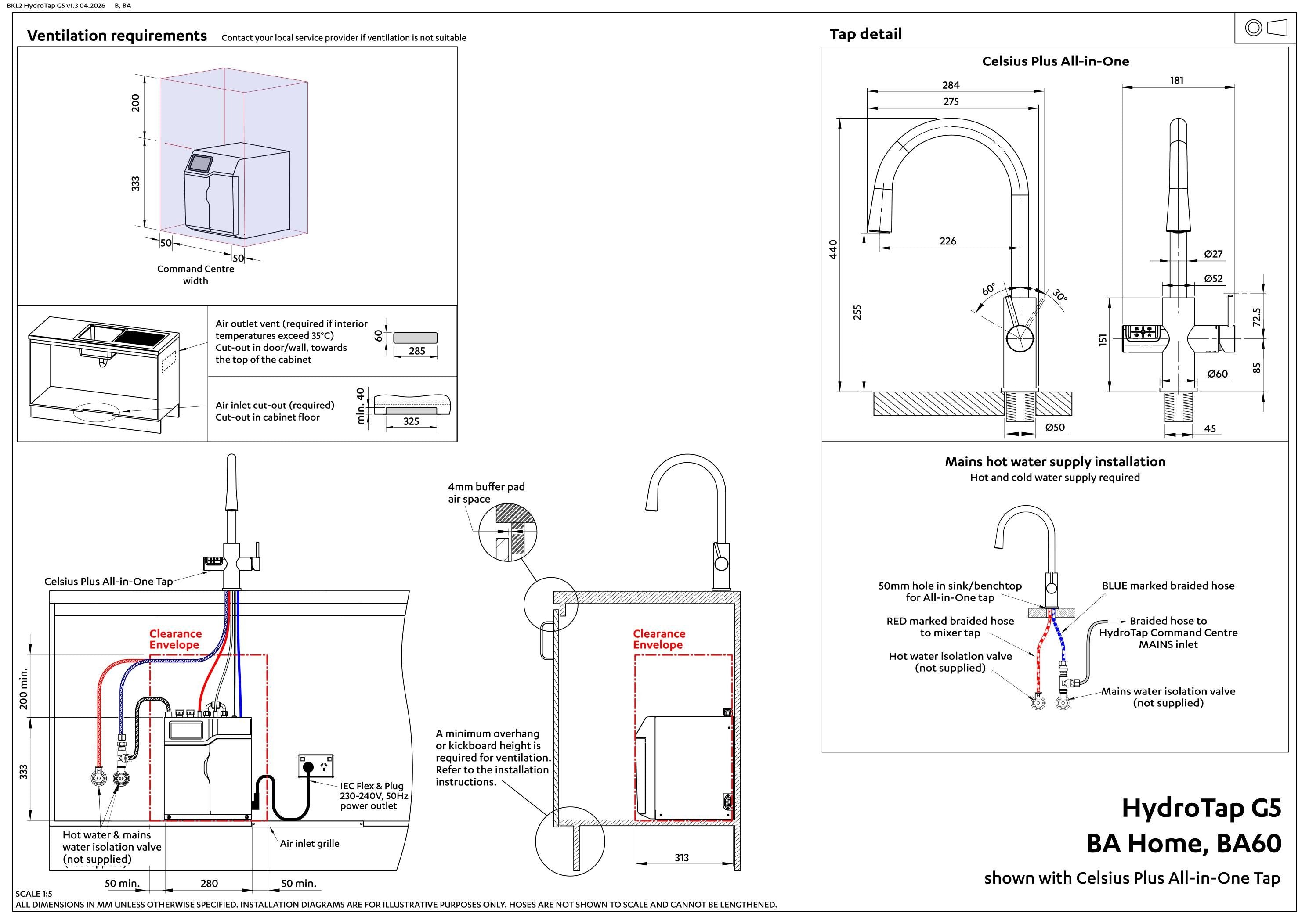 Zip HydroTap G5 Boiling, Ambient, Hot & Cold Celsius Plus All-In-One - Brushed Brass H5M785Z18AU — installation dimensions and clearances