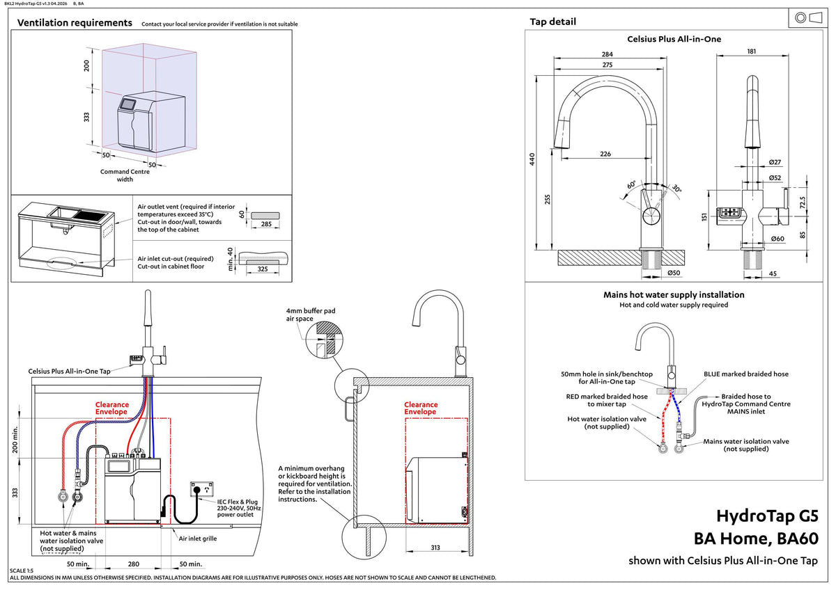 Zip HydroTap G5 Boiling, Ambient, Hot & Cold Celsius Plus All-In-One - Brushed Chrome — installation dimensions and clearances