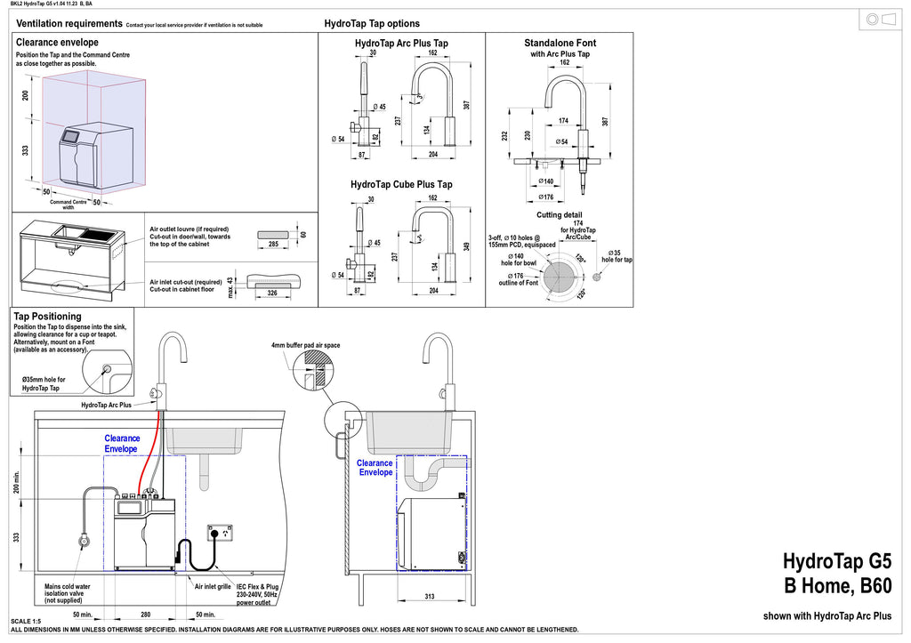 Zip HydroTap G5 Boiling Arc Plus - Chrome H5L786Z00AU — installation dimensions and clearances