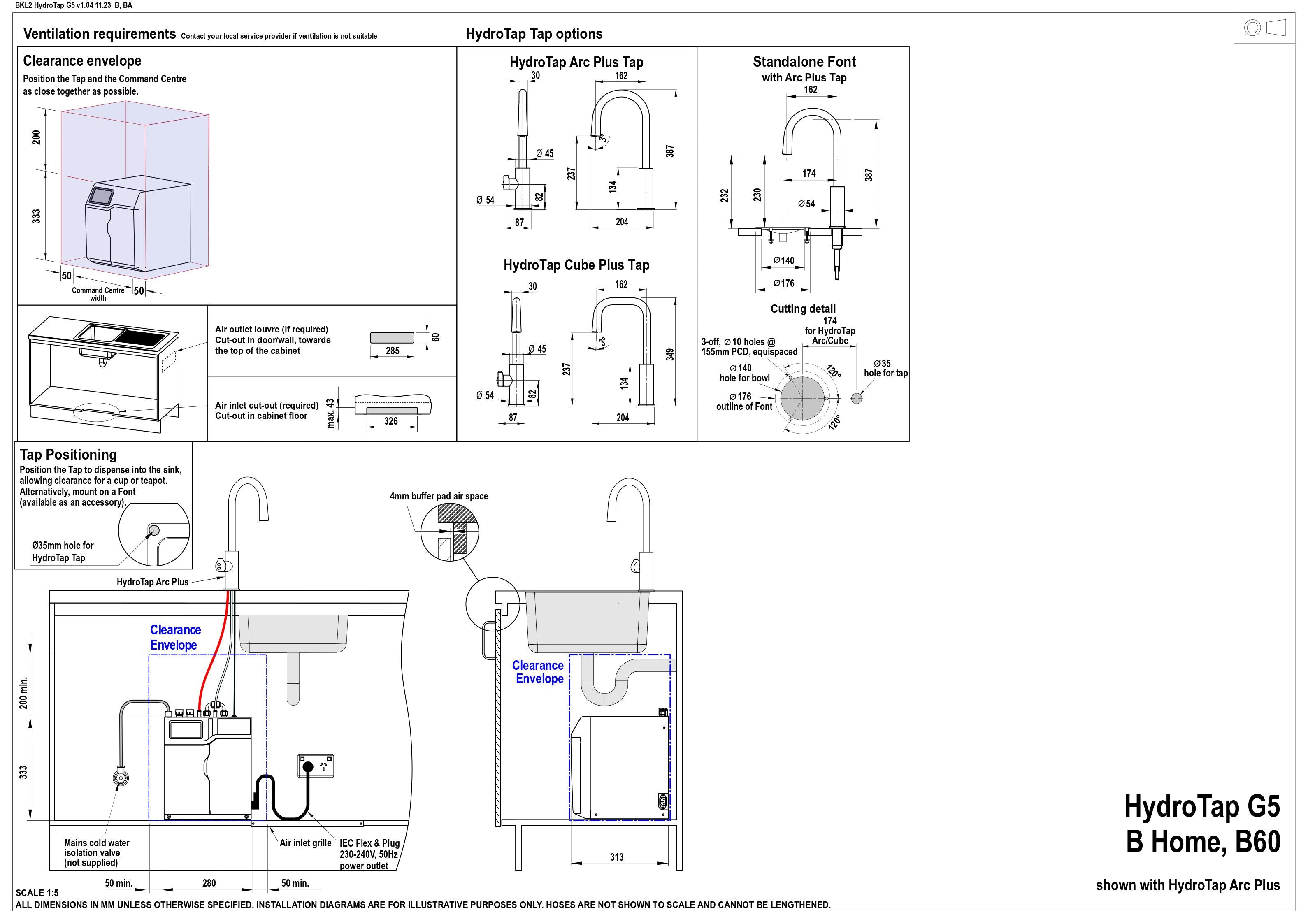 Zip HydroTap G5 Boiling Arc Plus Matte Black H5L786Z03AU — installation dimensions and clearances