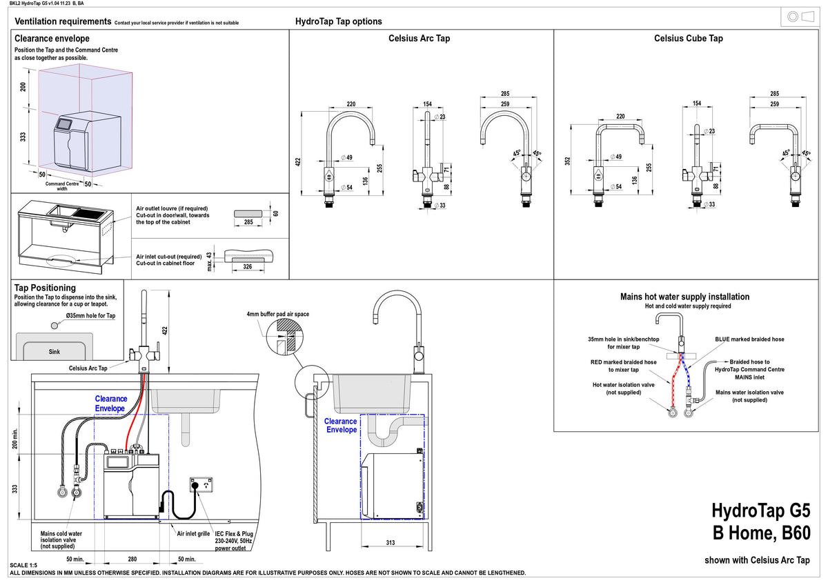 Zip HydroTap G5 Celsius Arc Boiling, Hot & Ambient - Chrome H58786Z00AU — installation dimensions and clearances