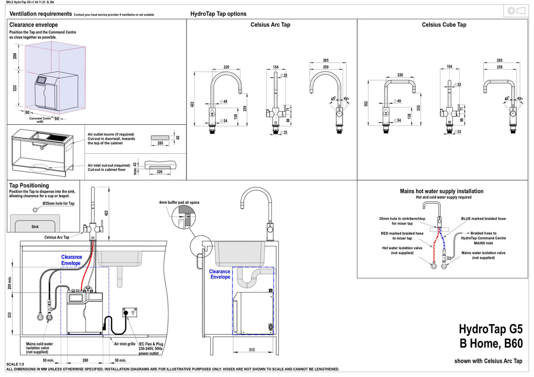 Zip HydroTap G5 Boiling, Hot & Ambient Celsius Arc Gunmetal H58786Z09AU installation layout and clearances