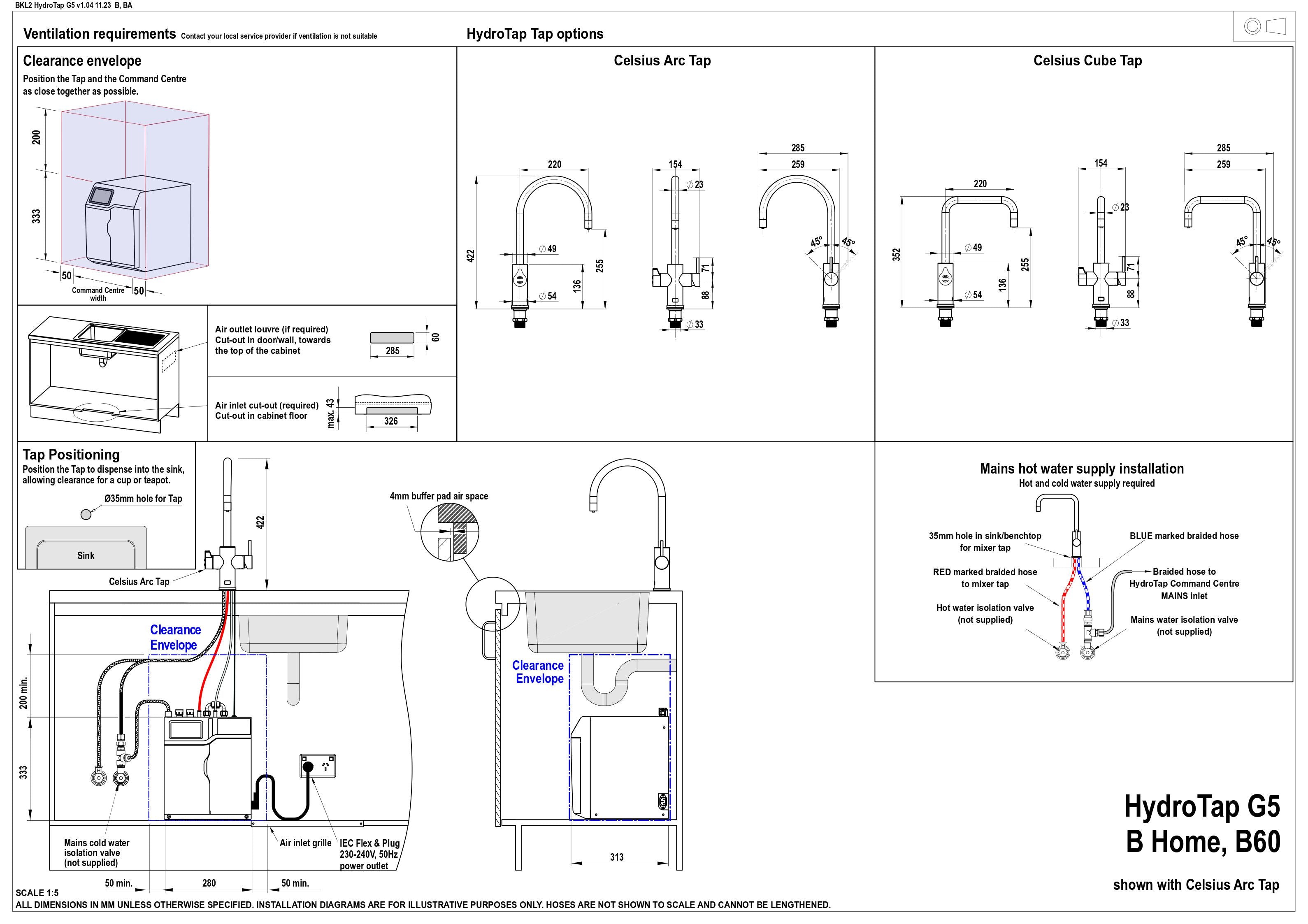 Zip HydroTap G5 Boiling, Hot & Ambient Celsius Arc Brushed Rose Gold H58786Z05AU — installation dimensions and clearances