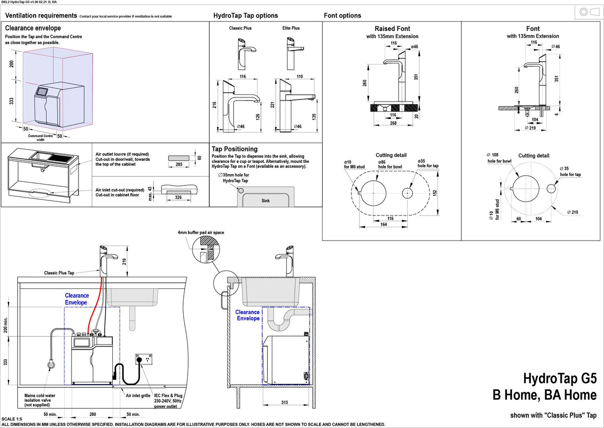 Zip HydroTap G5 Boiling Elite Plus Gunmetal H5E786Z09AU — installation dimensions and clearances