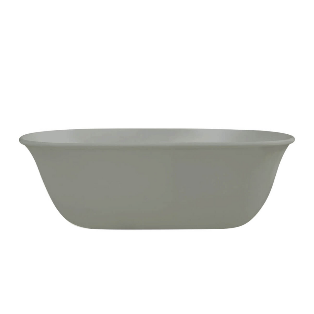 A freestanding oval bathtub in a matte light gray finish, shown from a front three-quarter angle against a solid white background.