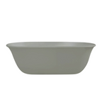 A freestanding oval bathtub in a matte light gray finish, shown from a front three-quarter angle against a solid white background.