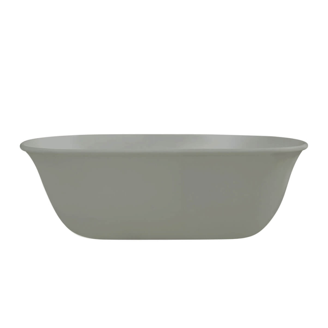 A freestanding oval bathtub in a matte light gray finish, shown from a front three-quarter angle against a solid white background.