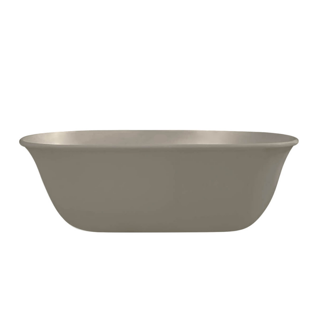 A modern freestanding bathtub with a matte taupe finish, shown from a front three-quarter angle against a solid white background.