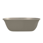 A modern freestanding bathtub with a matte taupe finish, shown from a front three-quarter angle against a solid white background.