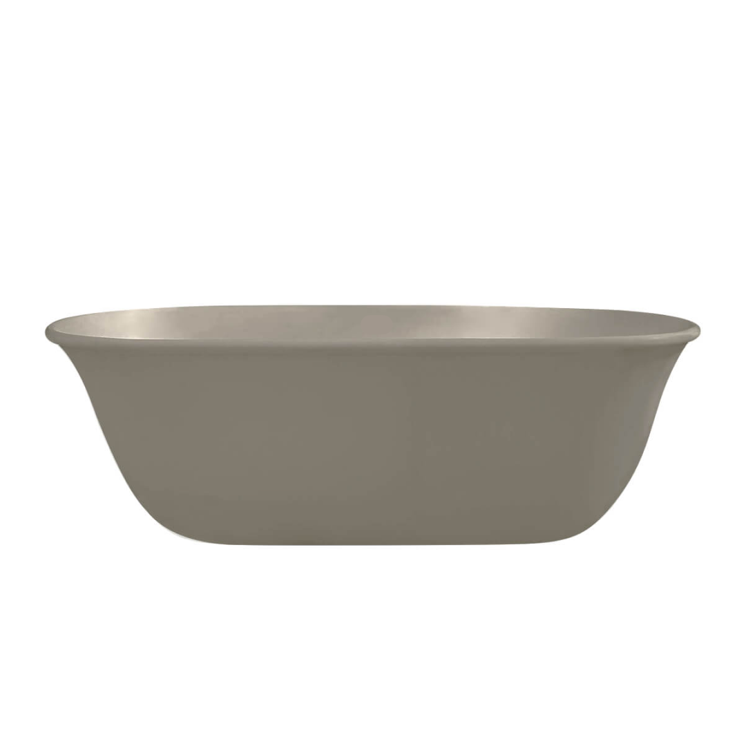 A modern freestanding bathtub with a matte taupe finish, shown from a front three-quarter angle against a solid white background.