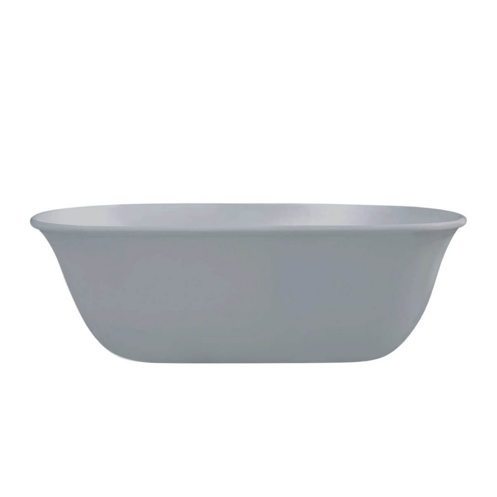 A modern freestanding oval bathtub in a matte light gray finish, shown against a solid white background.