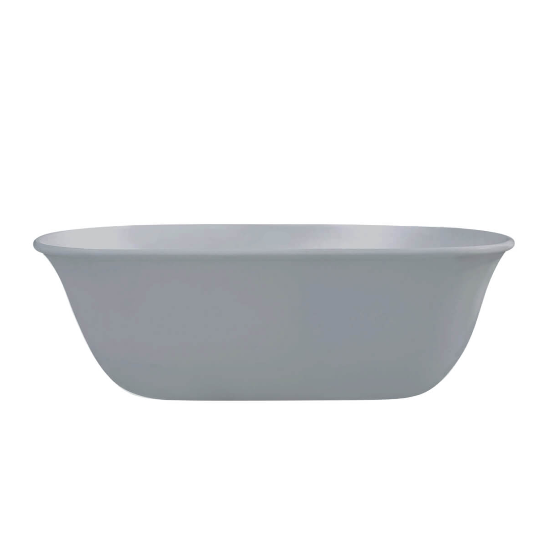 A modern freestanding oval bathtub in a matte light gray finish, shown against a solid white background.