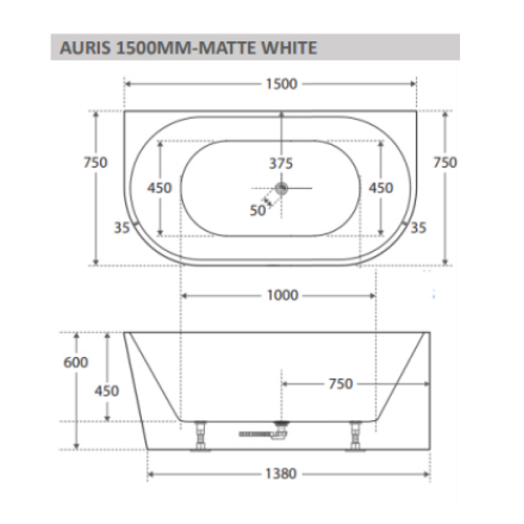 Cassa Design Auris 1500mm Round Back to Wall Bath Includes Overflow - Matte White - BT-AU1500M