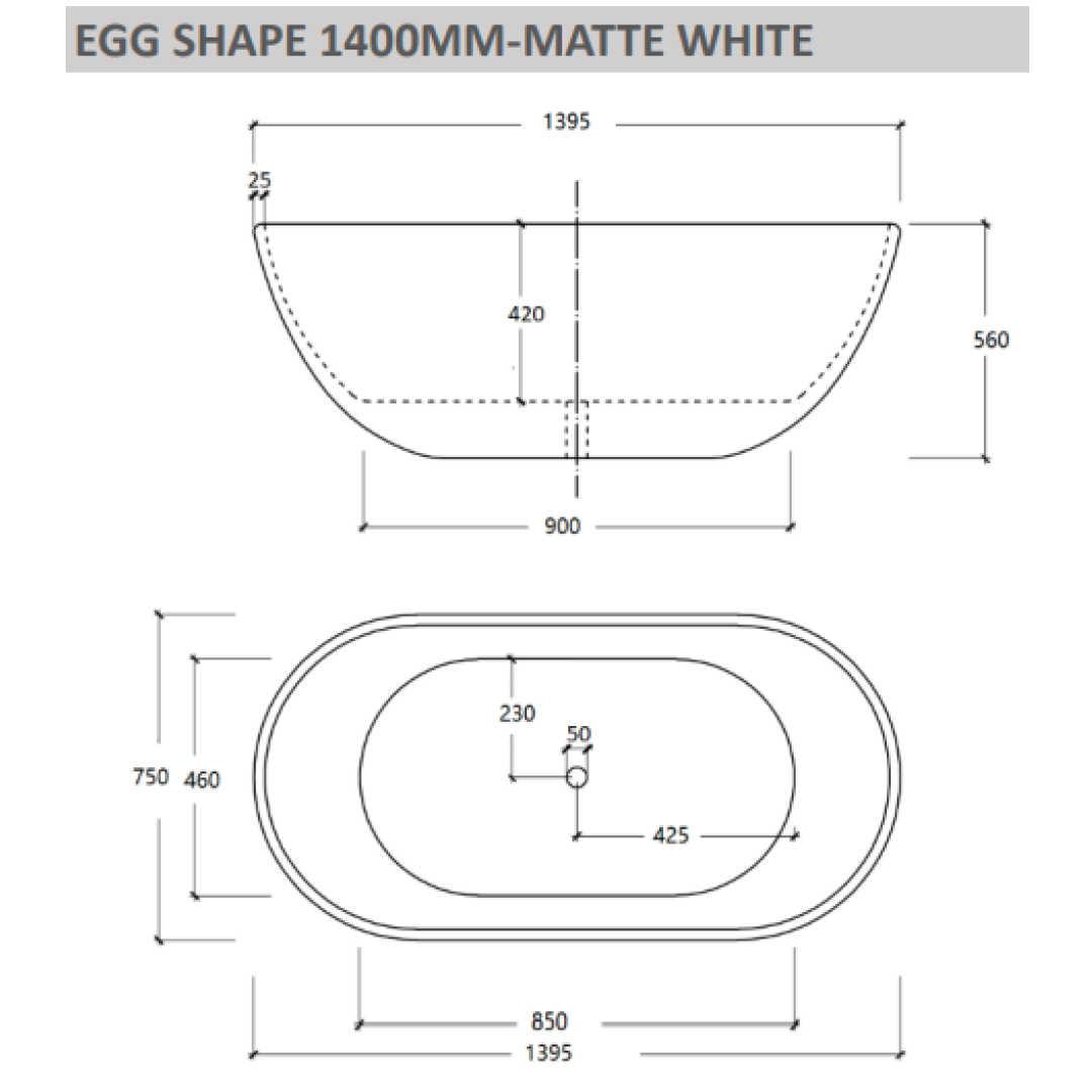 Cassa Design 1400mm Egg Shape Freestanding Bath 25mm Edge Includes Overflow - Matte White - BT-EL1400M