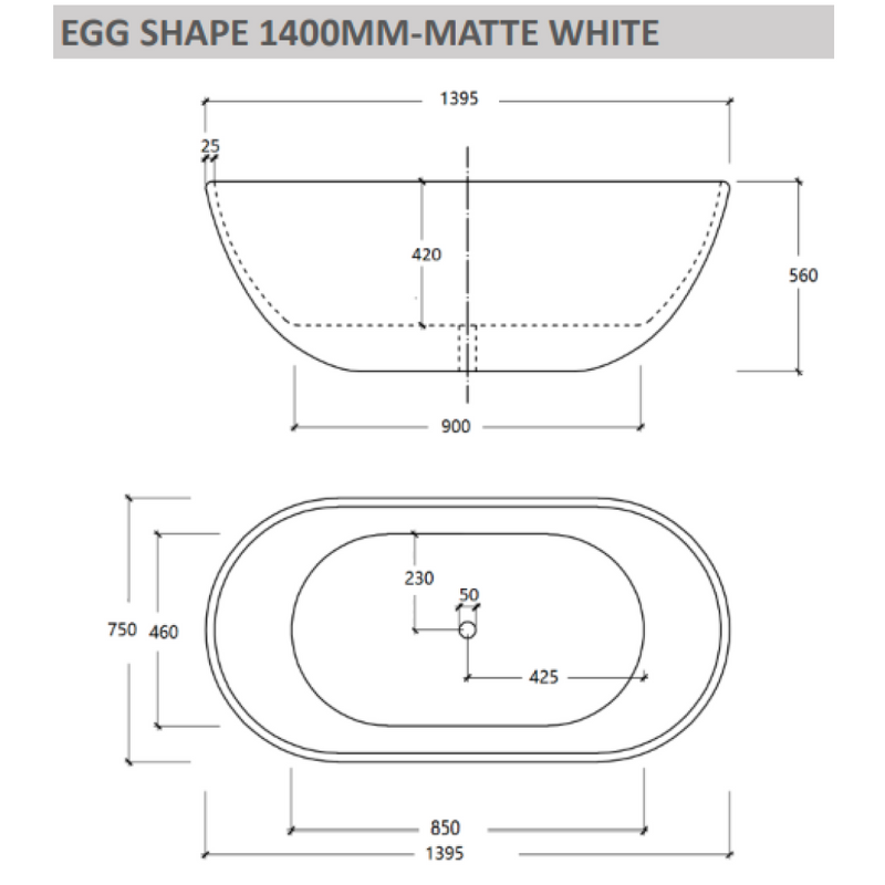 Cassa Design 1400mm Egg Shape Freestanding Bath 25mm Edge Includes Overflow - Matte White