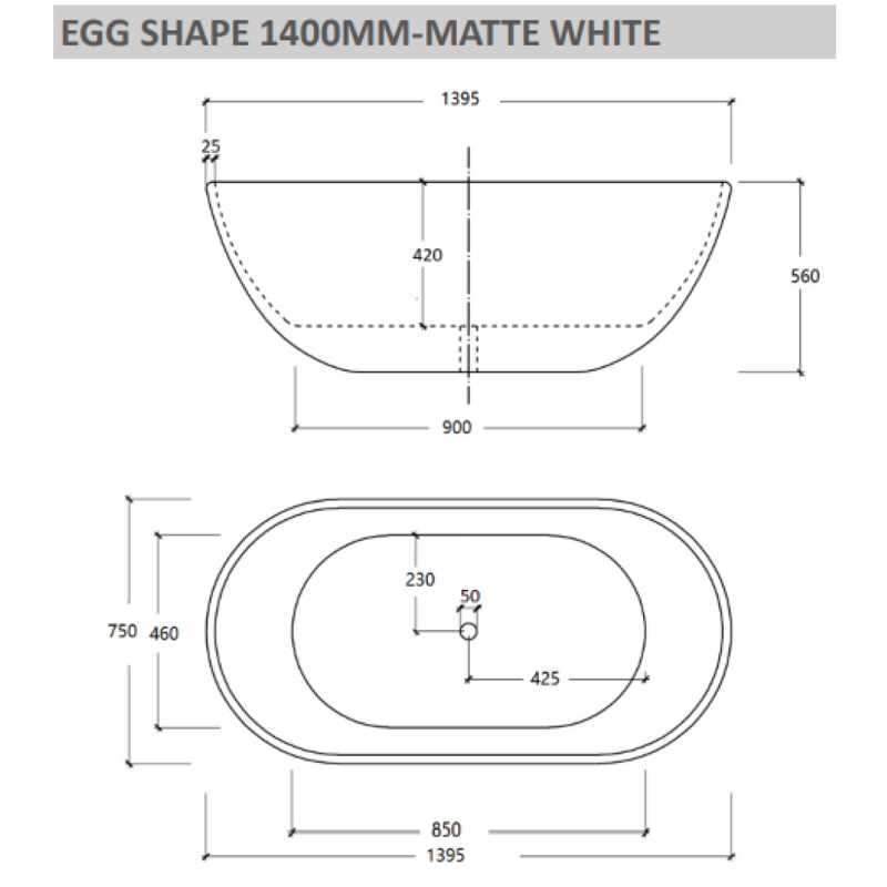 Cassa Design 1400mm Egg Shape Freestanding Bath No Overflow - Matte White