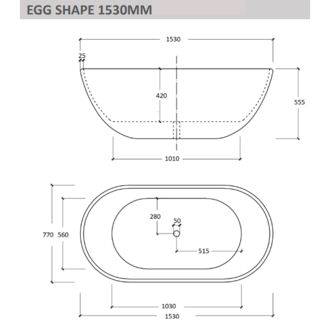 Cassa Design 1500mm Egg Shape Freestanding Bath 25mm Edge Includes Overflow - Gloss White - BT-EL1500