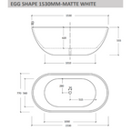 Cassa Design 1500mm Egg Shape Freestanding Bath 25mm Edge Includes Overflow - Matte White - BT-EL1500M