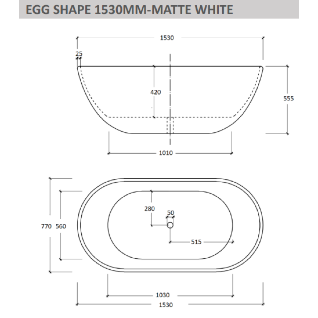 Cassa Design 1500mm Egg Shape Freestanding Bath 25mm Edge Includes Overflow - Matte White - BT-EL1500M