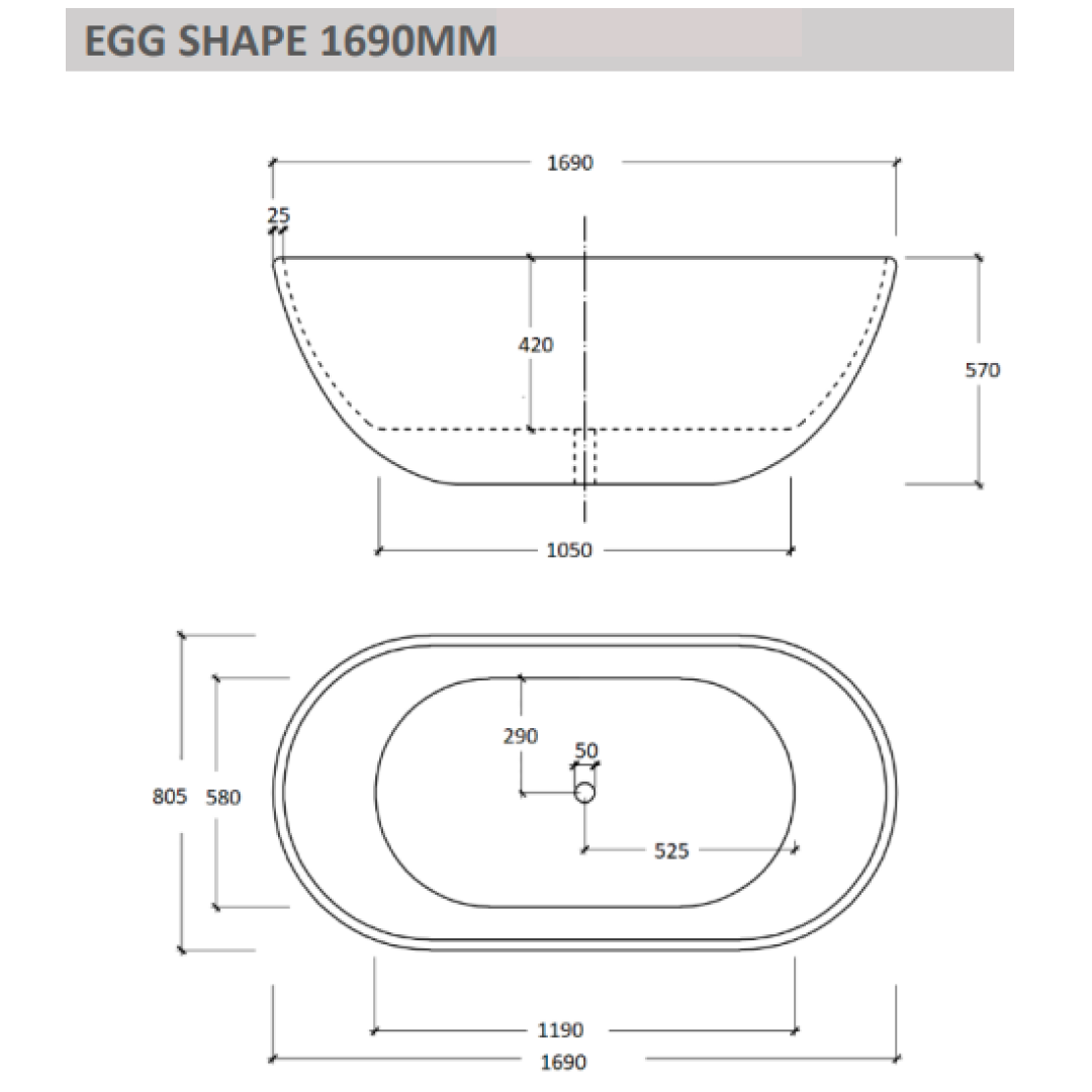 Cassa Design 1700mm Egg Shape Freestanding Bath 25mm Edge Includes Overflow - Gloss White - BT-EL1700