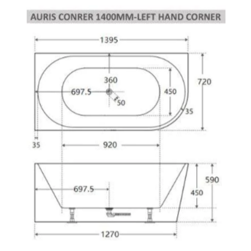 Cassa Design Auris 1400mm Left Hand Corner Back To Wall Bath Includes Overflow - Matte White