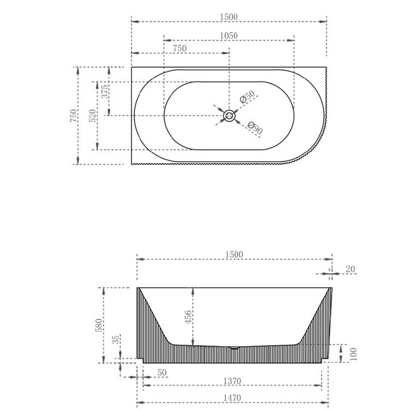 Cassa Design V-Groove 1500mm Left Hand Corner Acrylic Back to Wall Bath Includes Overflow - Matte White