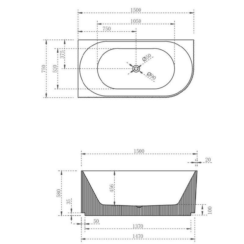 Cassa Design V-Groove 1500mm Left Hand Corner Acrylic Back to Wall Bath No Overflow - Matte White