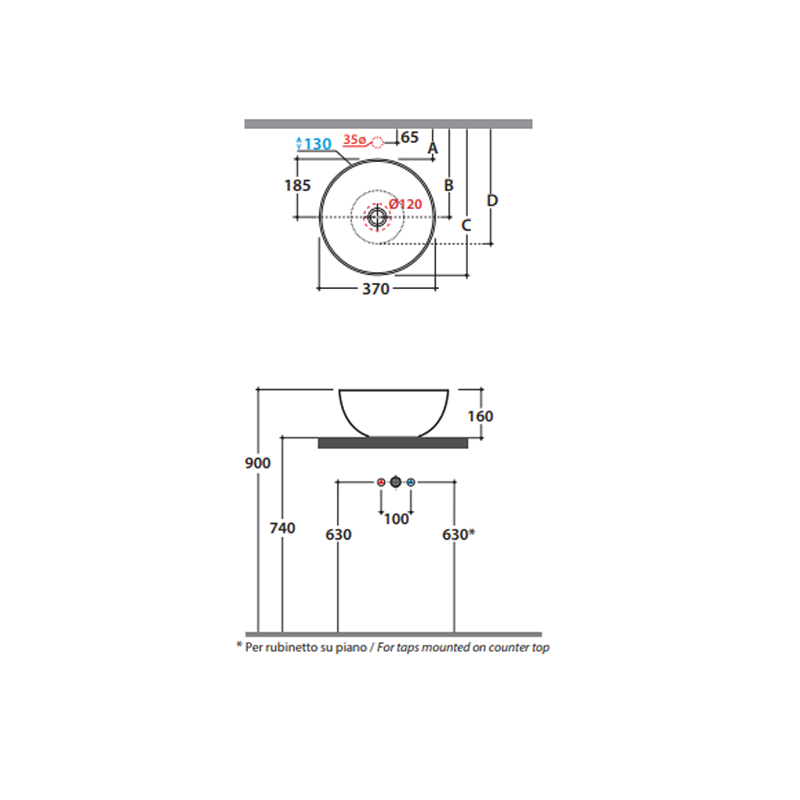 Globo T-Edge Round Countertop Basin 370mm - Fard - B6T37FR