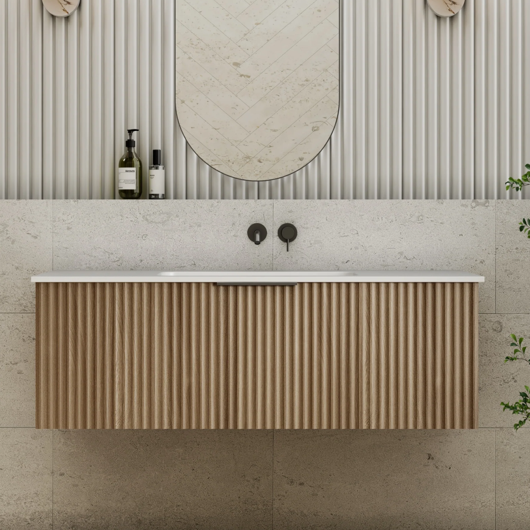 Cassa Design Capture Ensuite 1200mm Wall Hung Vanity - Natural Walnut - Brushed Gold Handle - CAP1200EN-WALNUT-Brushed Gold