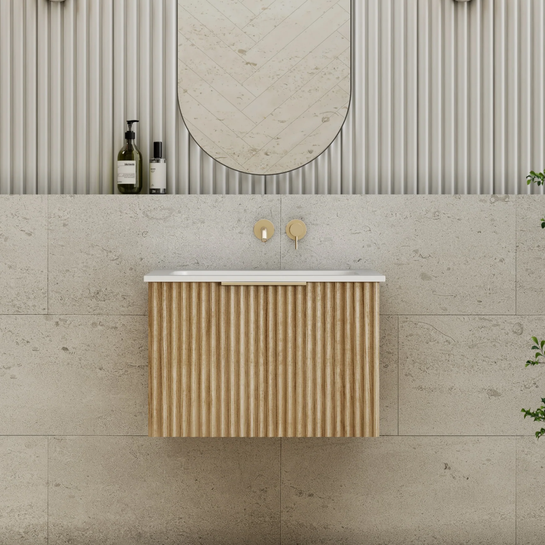 Cassa Design Capture Ensuite 600mm Wall Hung Vanity - Natural Oak - Brushed Nickel Handle - CAP600EN-OAK-Brushed Nickel