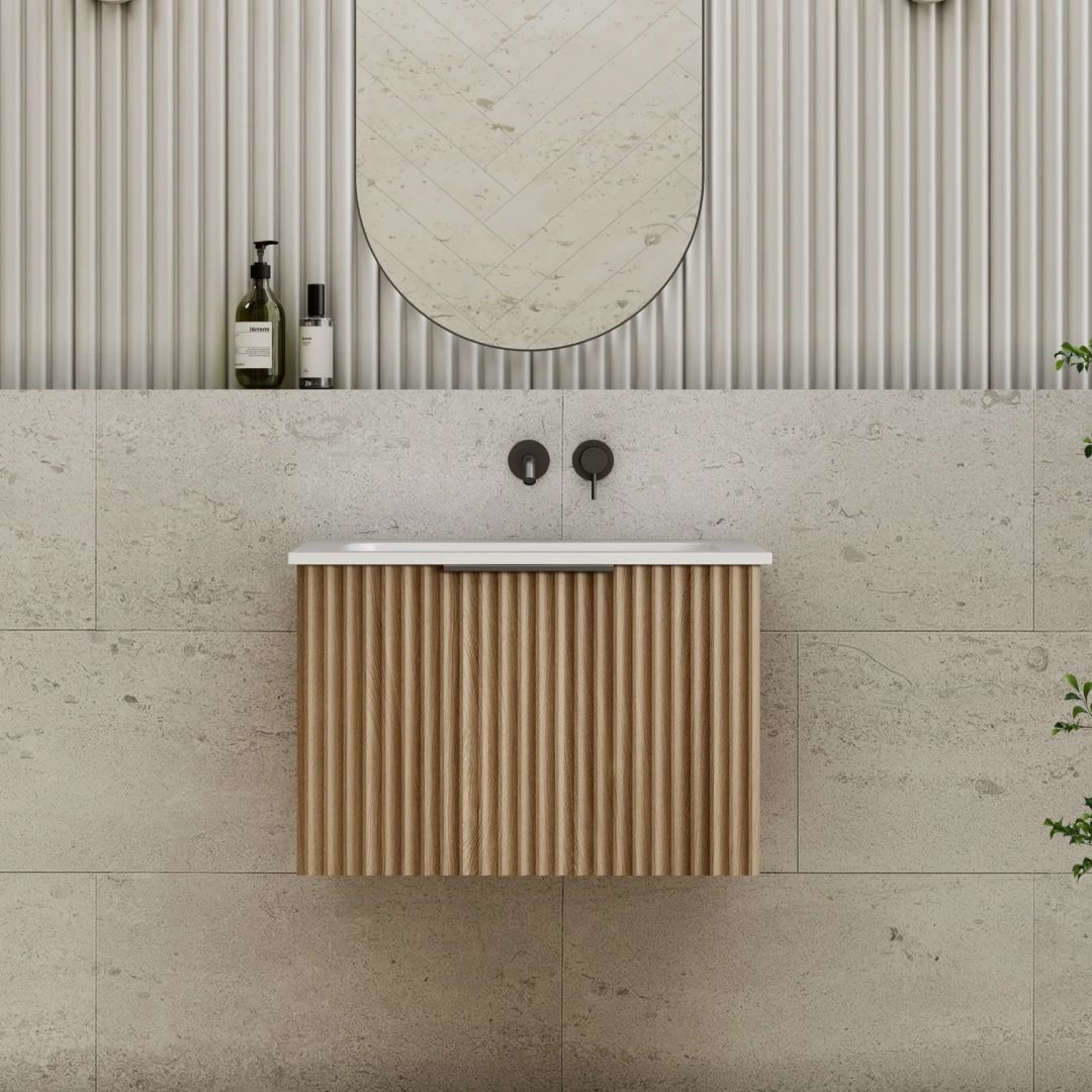 Cassa Design Capture Ensuite 600mm Wall Hung Vanity - Natural Walnut - Brushed Nickel Handle - CAP600EN-WALNUT-Brushed Nickel