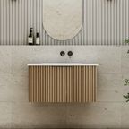Cassa Design Capture Ensuite 750mm Wall Hung Vanity - Natural Walnut - Brushed Gold Handle - CAP750EN-WALNUT-Brushed Gold