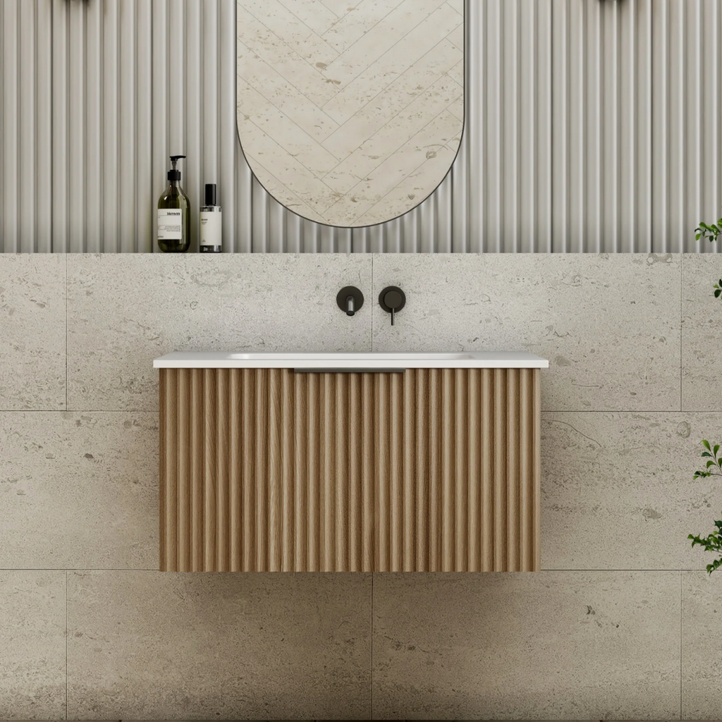 Cassa Design Capture Ensuite 750mm Wall Hung Vanity - Natural Walnut - Brushed Nickel Handle - CAP750EN-WALNUT-Brushed Nickel