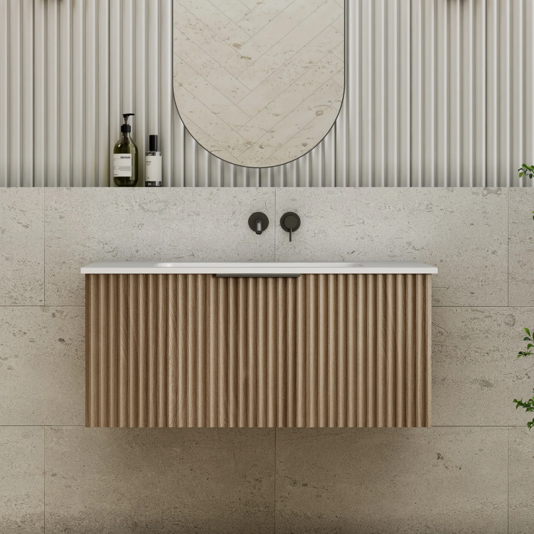 Cassa Design Capture Ensuite 900mm Wall Hung Vanity - Natural Walnut - Brushed Gold Handle - CAP900EN-WALNUT-Brushed Gold