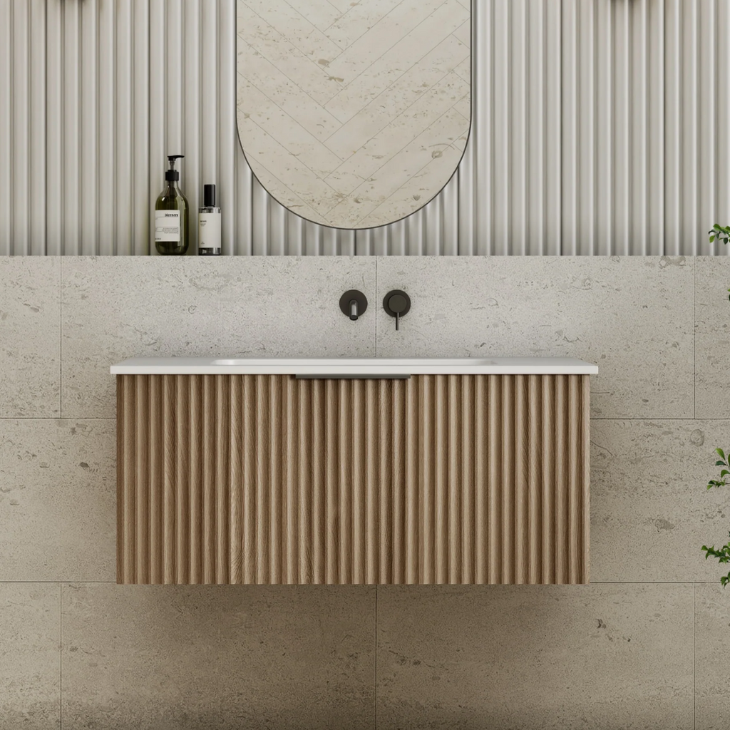 Cassa Design Capture Ensuite 900mm Wall Hung Vanity - Natural Walnut - Brushed Nickel Handle - CAP900EN-WALNUT-Brushed Nickel