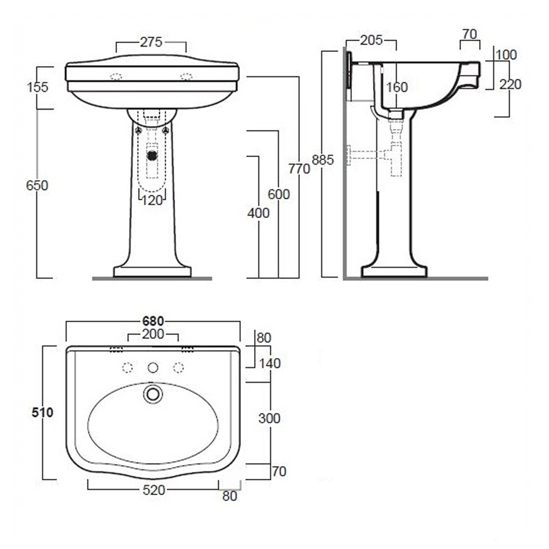 Turner Hastings Claremont 68 x 51 Pedestal Basin - 3 Tap Holes - CL682BP-3TH