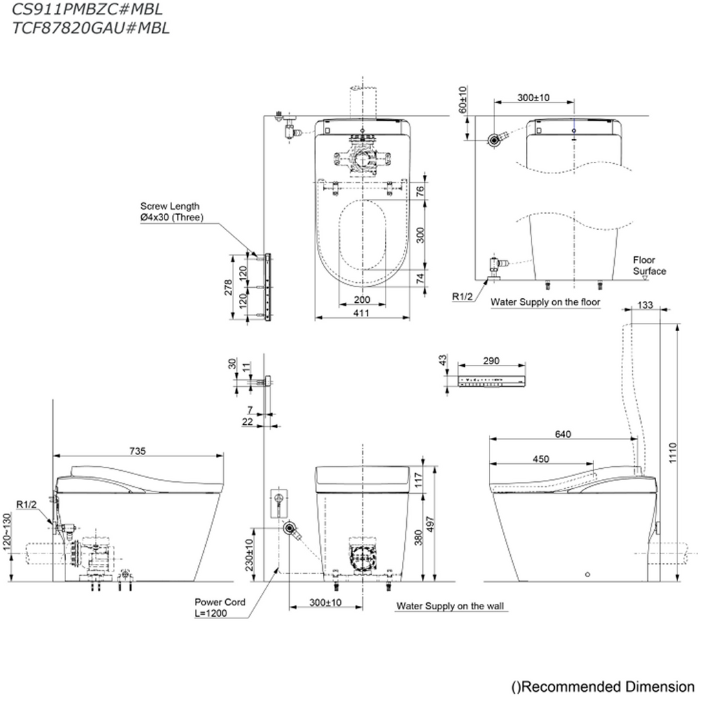 TOTO Neorest LS Floor Mounted Smart Toilet (P-Trap 120-130mm) - Matte Black CS911MBZC#MBL + TCF87820GAU#MBL + HH02123
