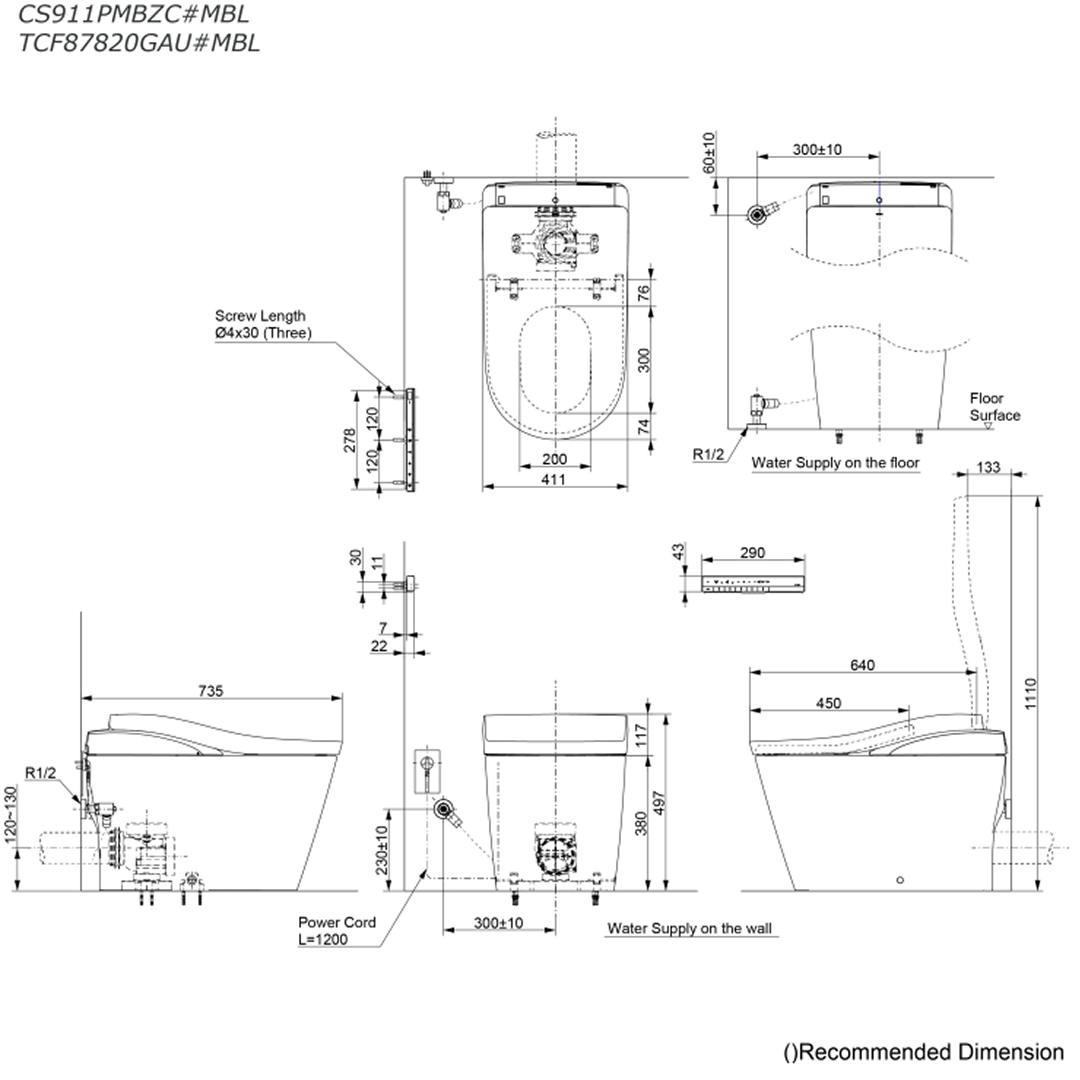 TOTO Neorest LS Floor Mounted Smart Toilet (P-Trap 120-130mm) - Matte Black CS911MBZC#MBL + TCF87820GAU#MBL + HH02123