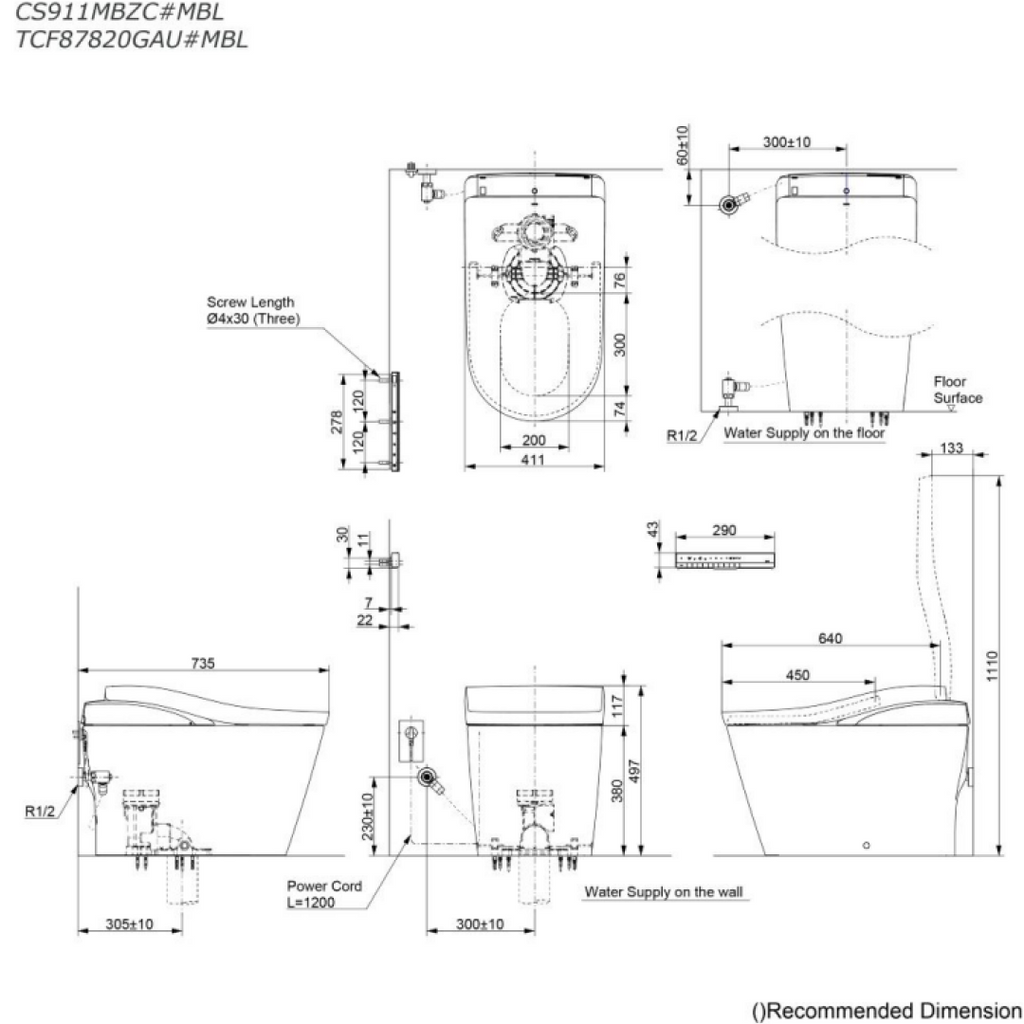 TOTO Neorest LS Floor Mounted Smart Toilet (S-Trap 305mm) - Matte Black CS911MBZC#MBL + TCF87820GAU#MBL + T53P100VR