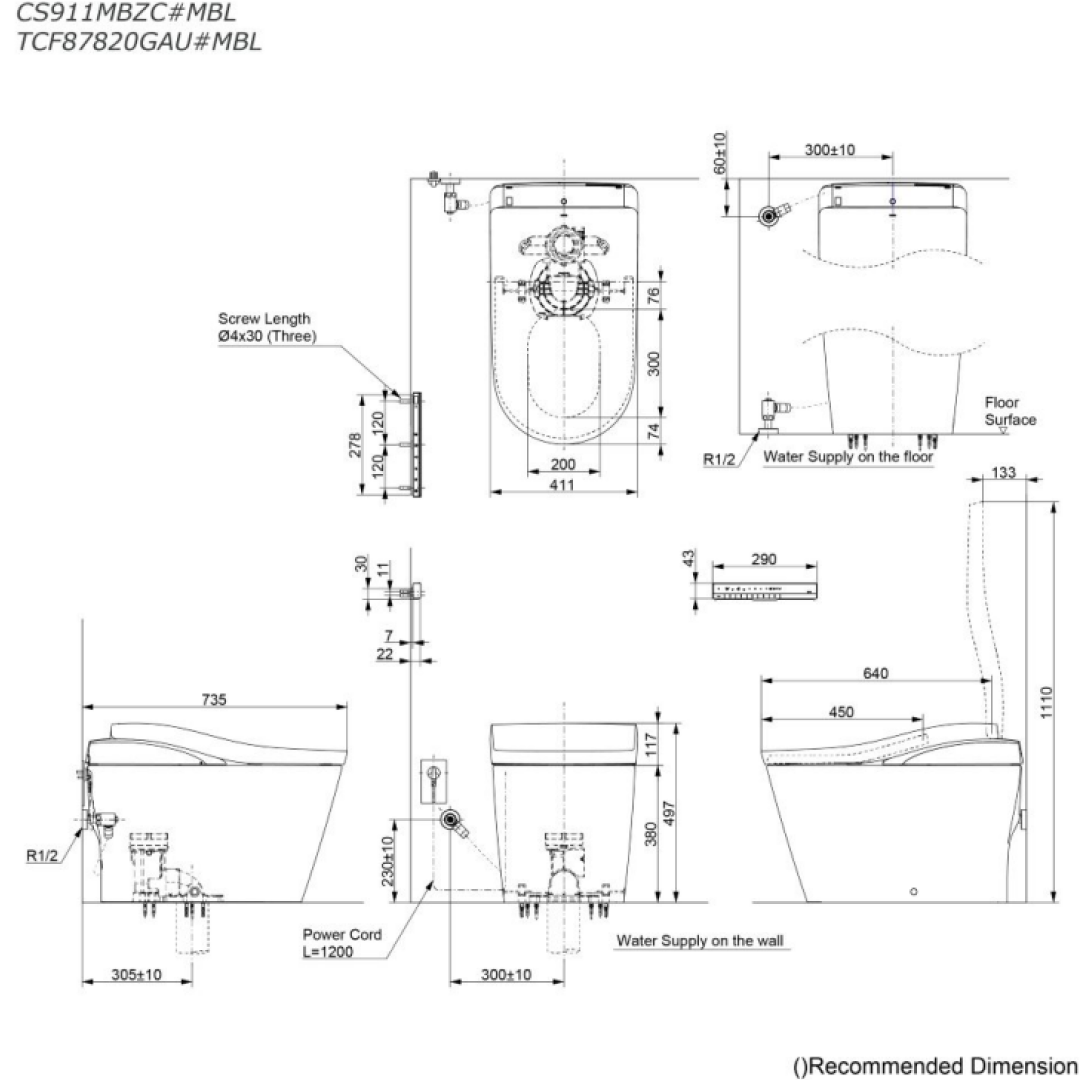 TOTO Neorest LS Floor Mounted Smart Toilet (S-Trap 305mm) - Matte Black CS911MBZC#MBL + TCF87820GAU#MBL + T53P100VR