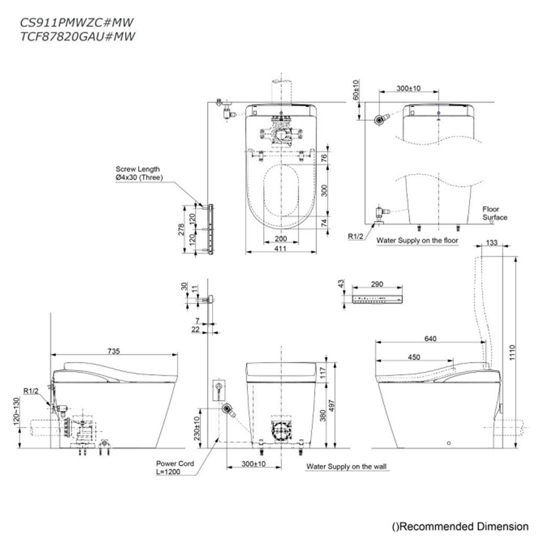TOTO Neorest LS Floor Mounted Smart Toilet (P-Trap 120-130mm) - Matte White CS911MWZC#MW + TCF87820GAU#MW + HH02123