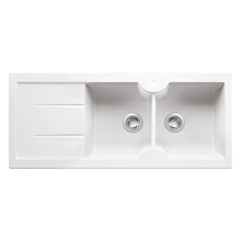 Turner Hastings Cuisine 116 x 50 Double Bowl Fireclay Sink with Overflow Left Hand Drainer - 1TH Gloss White CUD116FS-LHD-OF
