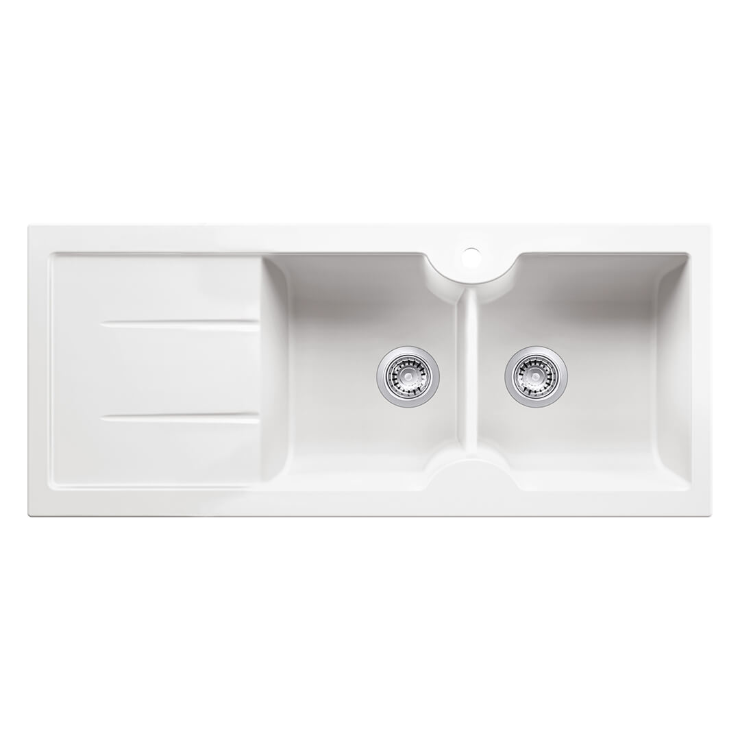 Turner Hastings Cuisine 116 x 50 Double Bowl Fireclay Sink with Overflow Left Hand Drainer - 1TH Gloss White CUD116FS-LHD-OF