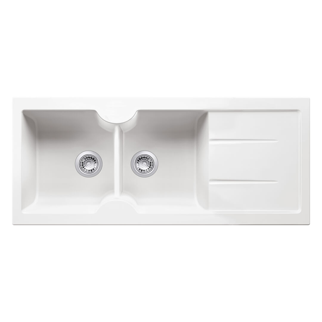 Turner Hastings Cuisine 116 x 50 Double Bowl Fireclay Sink with Drainer - Gloss White CUD116FS-NTH