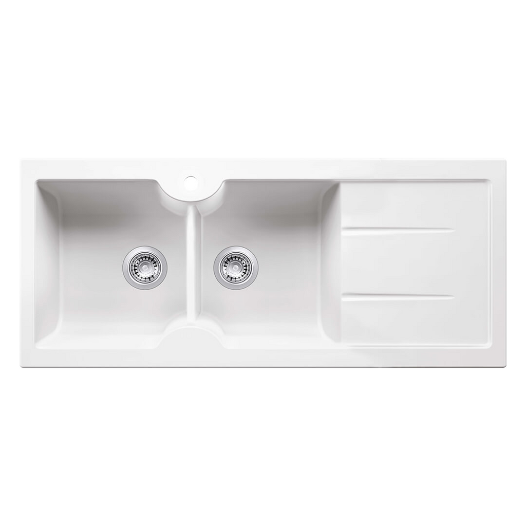 Turner Hastings Cuisine 116 x 50 Double Bowl Fireclay Sink with Overflow Right Hand Drainer - 1TH Gloss White CUD116FS-RHD-OF