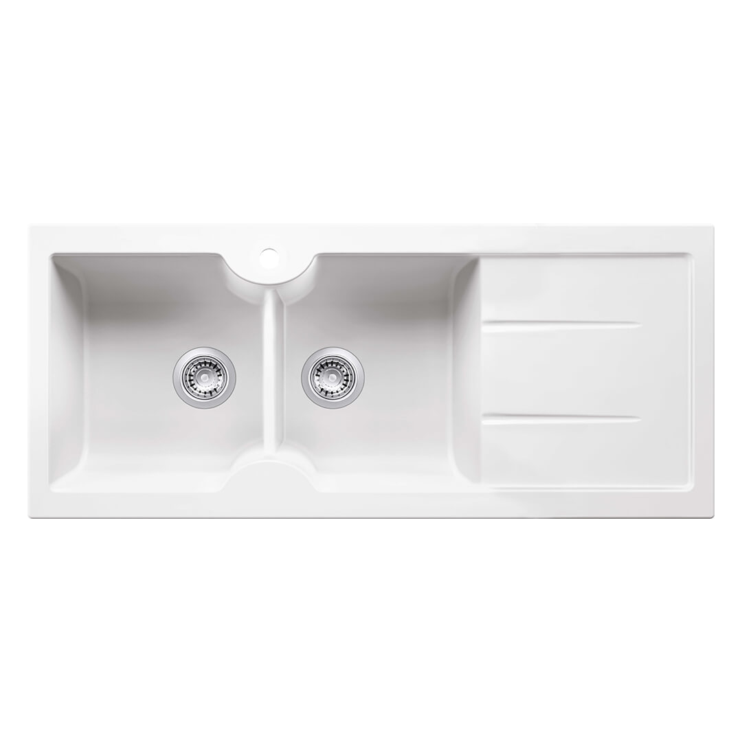 Turner Hastings Cuisine 116 x 50 Double Bowl Fireclay Sink with Overflow Right Hand Drainer - 1TH Gloss White CUD116FS-RHD-OF