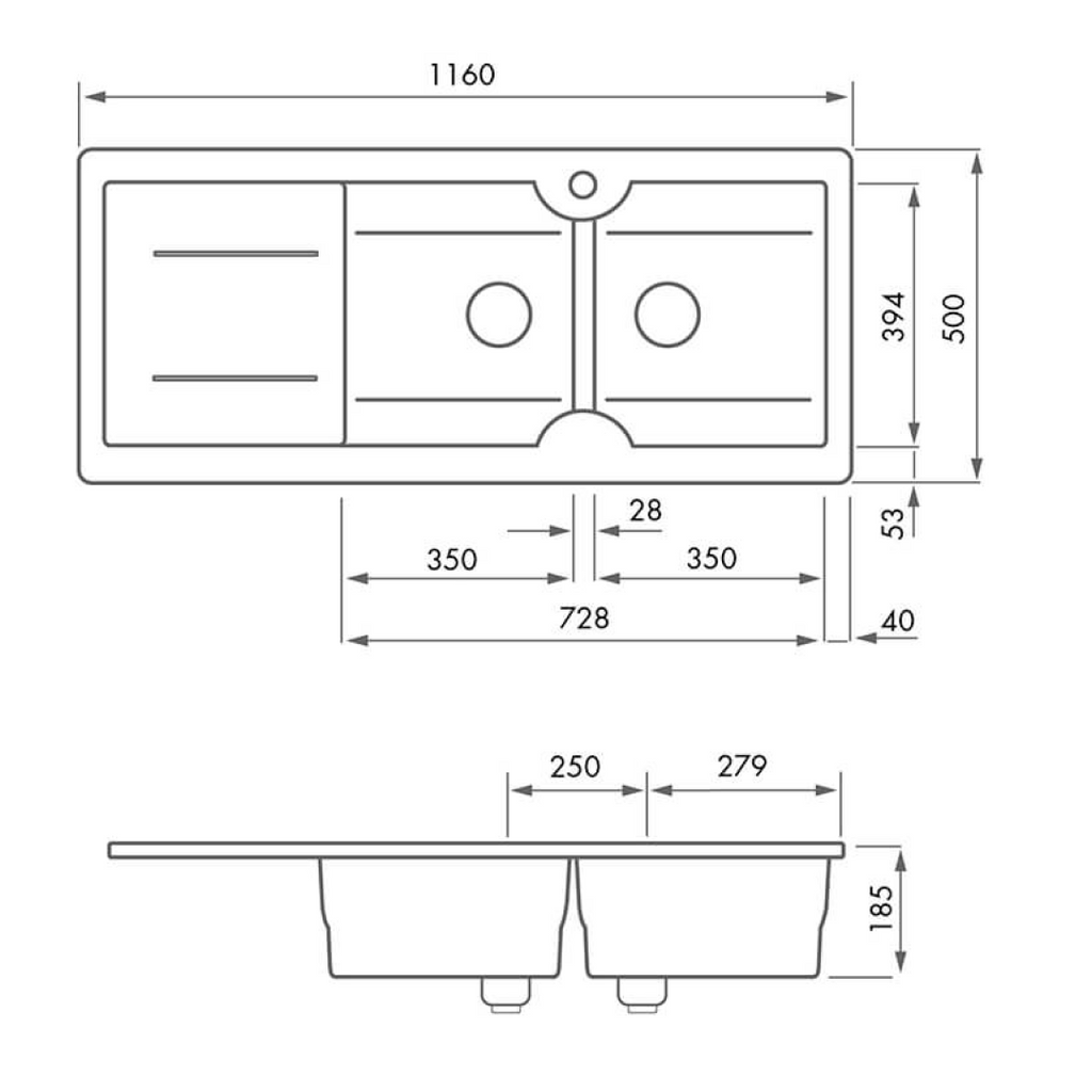 Turner Hastings Cuisine 116 x 50 Double Bowl Fireclay Sink with Overflow Left Hand Drainer - 1TH Gloss White CUD116FS-LHD-OF