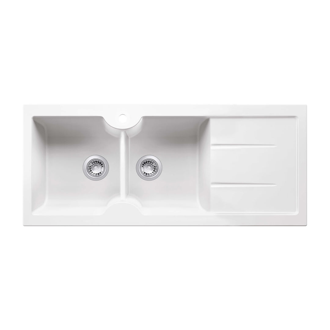 Turner Hastings 1160 Double Bowl Inset Fireclay Sink w/Right Hand Drainer - Gloss White