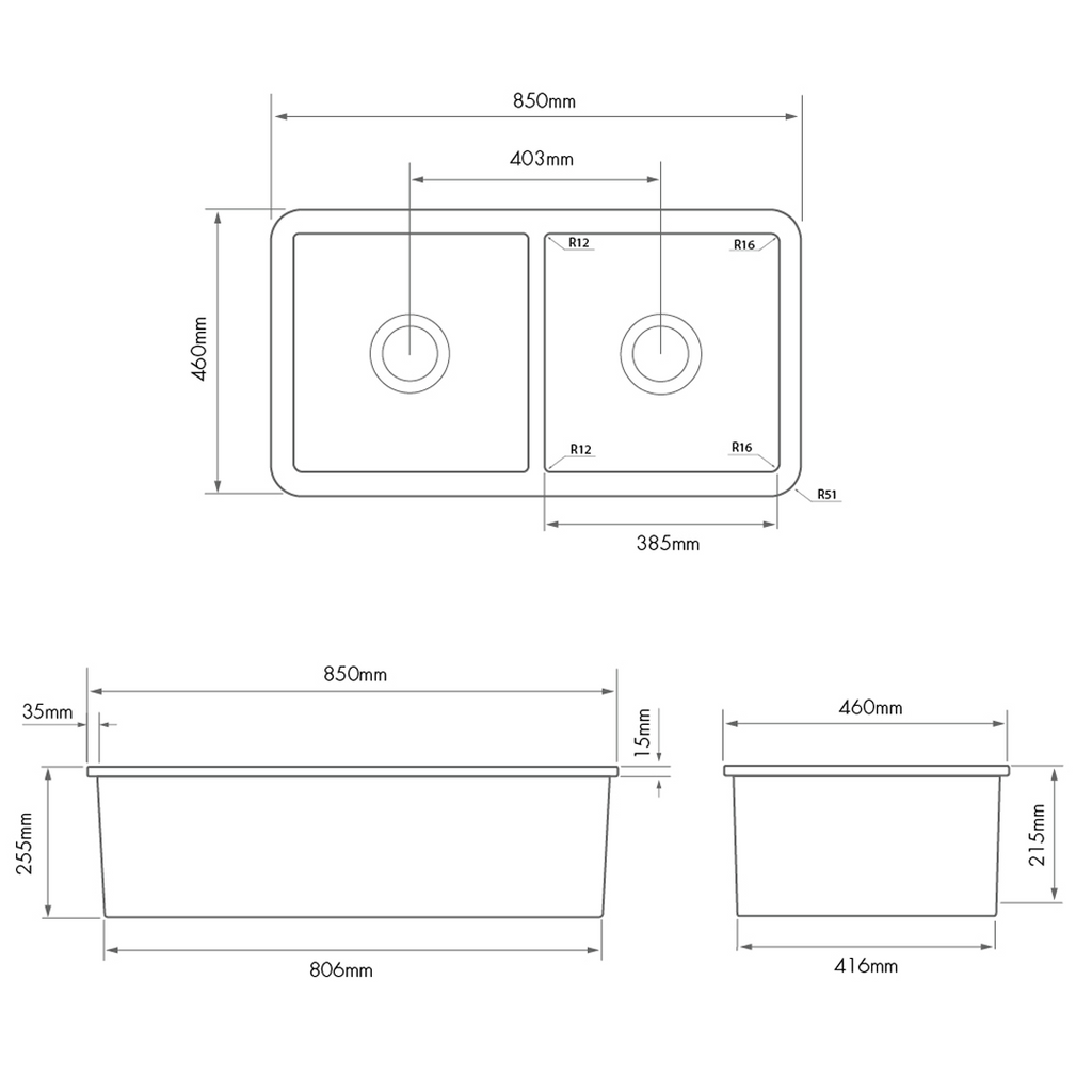 Turner Hastings Cuisine 85 x 46 Double Bowl Inset or Undermount Fireclay Sink - Matte Black CUD85FS-MB