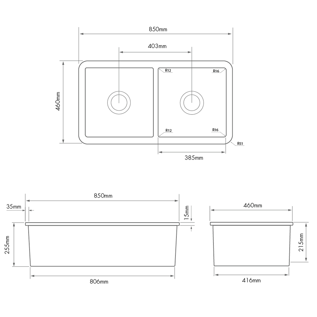 Turner Hastings Cuisine 85 x 46 Double Bowl Inset or Undermount Fireclay Sink - Matte Black CUD85FS-MB